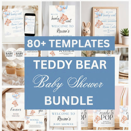 Teddy Bear Baby Shower Bundle Template,Blue Decor Set,Editable Boy Invitation,Instant Download