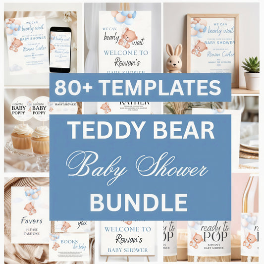 Teddy Bear Baby Shower Bundle Template,Blue Decor Set,Editable Boy Invitation,Instant Download