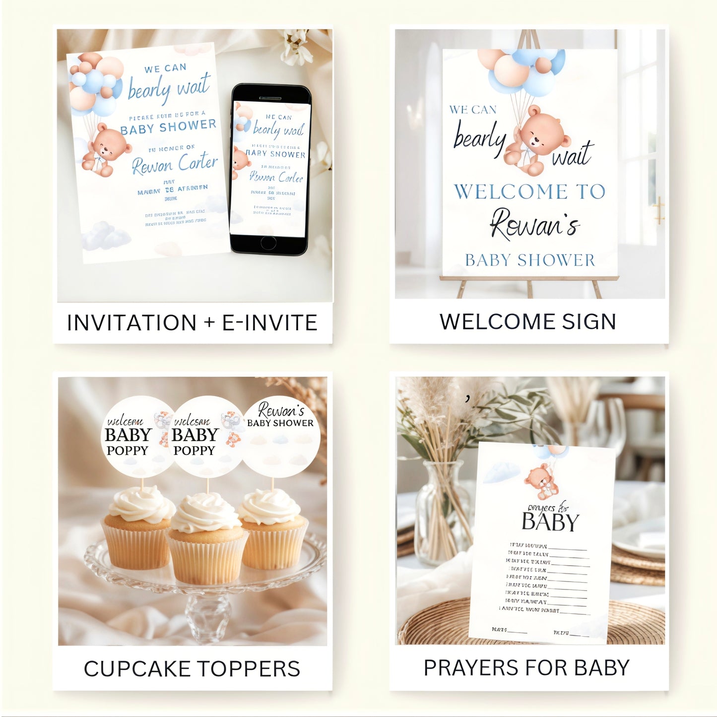 Teddy Bear Baby Shower Bundle Template,Blue Decor Set,Editable Boy Invitation,Instant Download