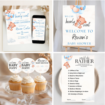 Teddy Bear Baby Shower Bundle Template,Blue Decor Set,Editable Boy Invitation,Instant Download