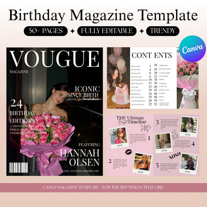 Birthday Magazine Template – Editable Canva Vogue Style (Digital Download)