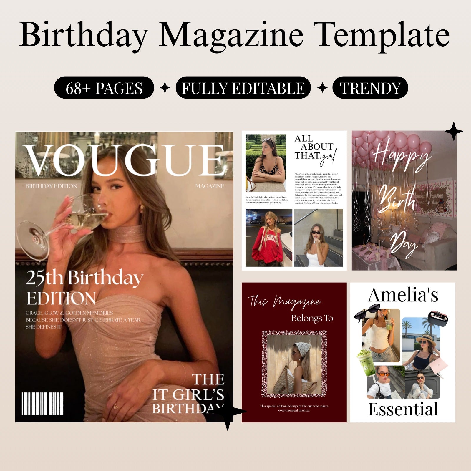 Editable Birthday Magazine Canva Template - 68 Fully Editable Pages