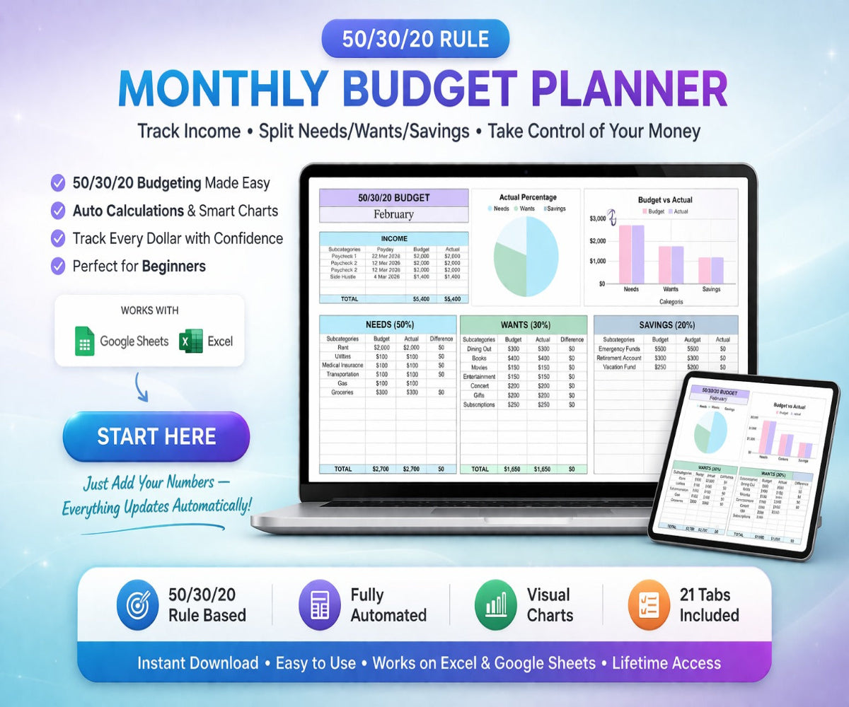 Monthly Budget Planner - Fully Automated 21 Tabs Included - Instant Download