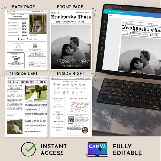 Wedding Newspaper Template | Editable Canva | Bride & Groom Guess Who, Guest Awards, Fun Facts, Love Story | Printable Instant Download