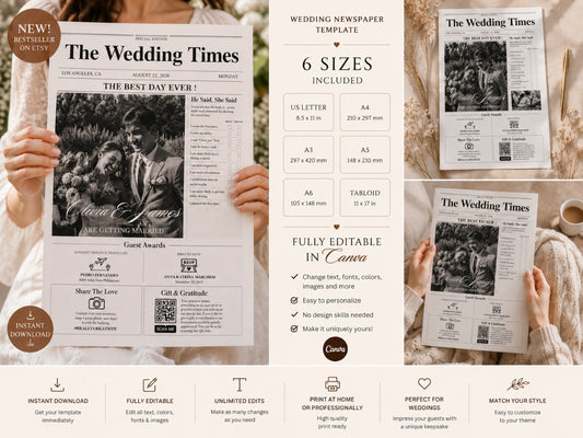 Wedding Times Newspaper Template | Fully Editable Canva | 6 Sizes Included