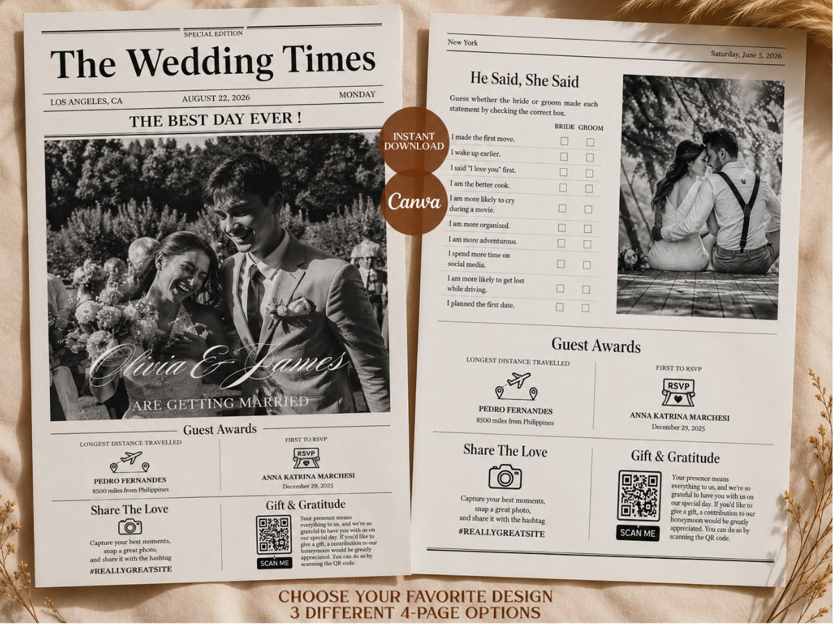 Your complete wedding newspaper — ready to print and impress.