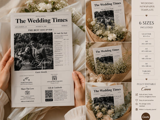 Wedding Times Newspaper Template | Fully Editable Canva | 6 Sizes Included