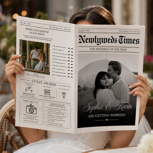 Wedding Newspaper Template | Editable Canva | Bride & Groom Guess Who, Guest Awards, Fun Facts, Love Story | Printable Instant Download