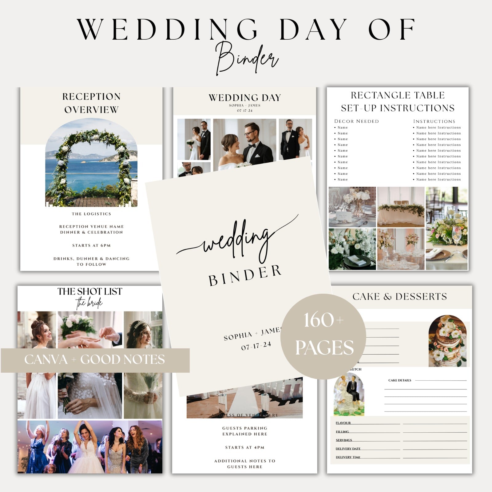 Wedding Day Of Binder Template | 160+ Pages Canva & GoodNotes | Reception Overview, Shot List, Table Setup, Cake & Desserts | Printable Instant Download